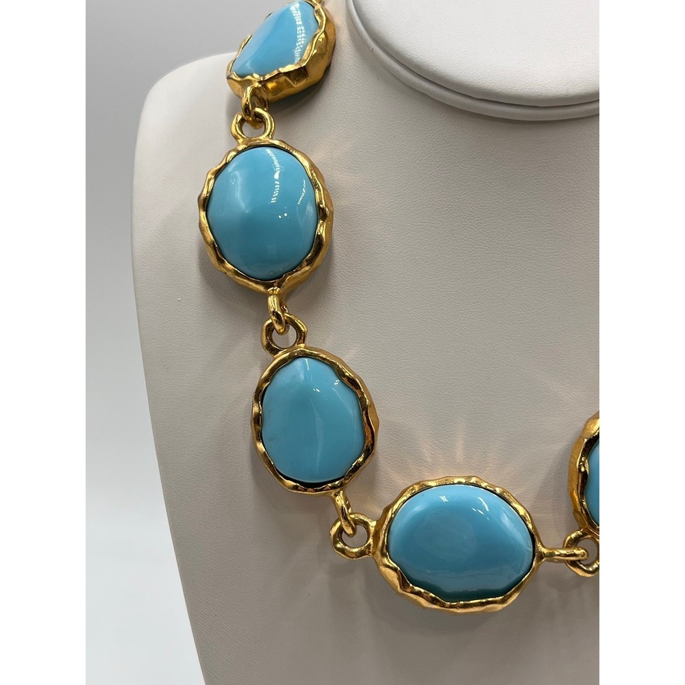 KENNETH LANE Gold Tone Large‎ Faux Resin Turquoise Chunky Statement Necklace - Picture 2 of 10